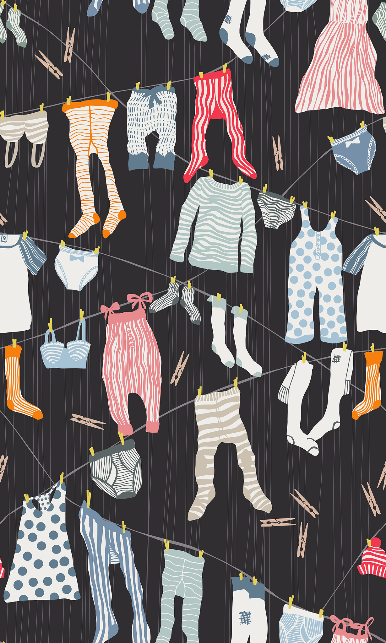 Illustration of clothes hanging on a line against a black background